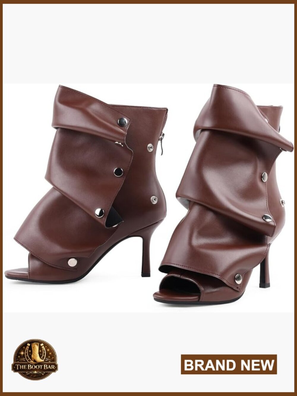 Faux Leather Ankle Boots with Snap Panel, Peep Toe, Stiletto Heel